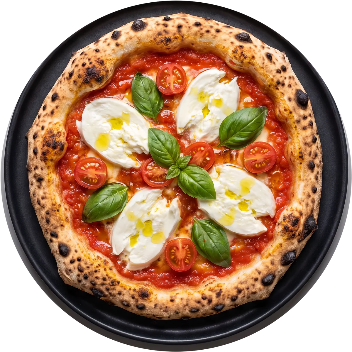 Pizza Bufalina mit Büffelmozzarella, Kirschtomaten und Basilikum, von oben