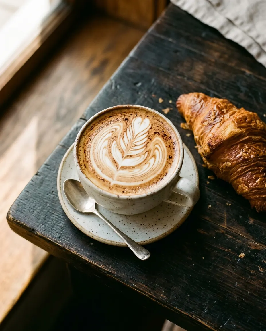 Cappuccino mit Latte Art und Croissant