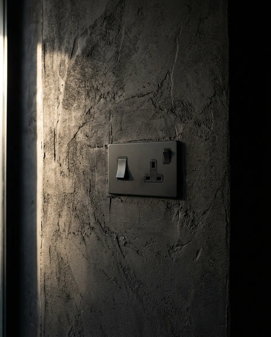 Moderner schwarzer Lichtschalter an dunkler Wand
