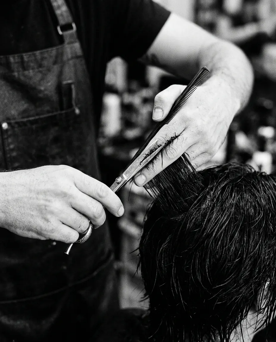 Hände eines Friseurs beim Schneiden